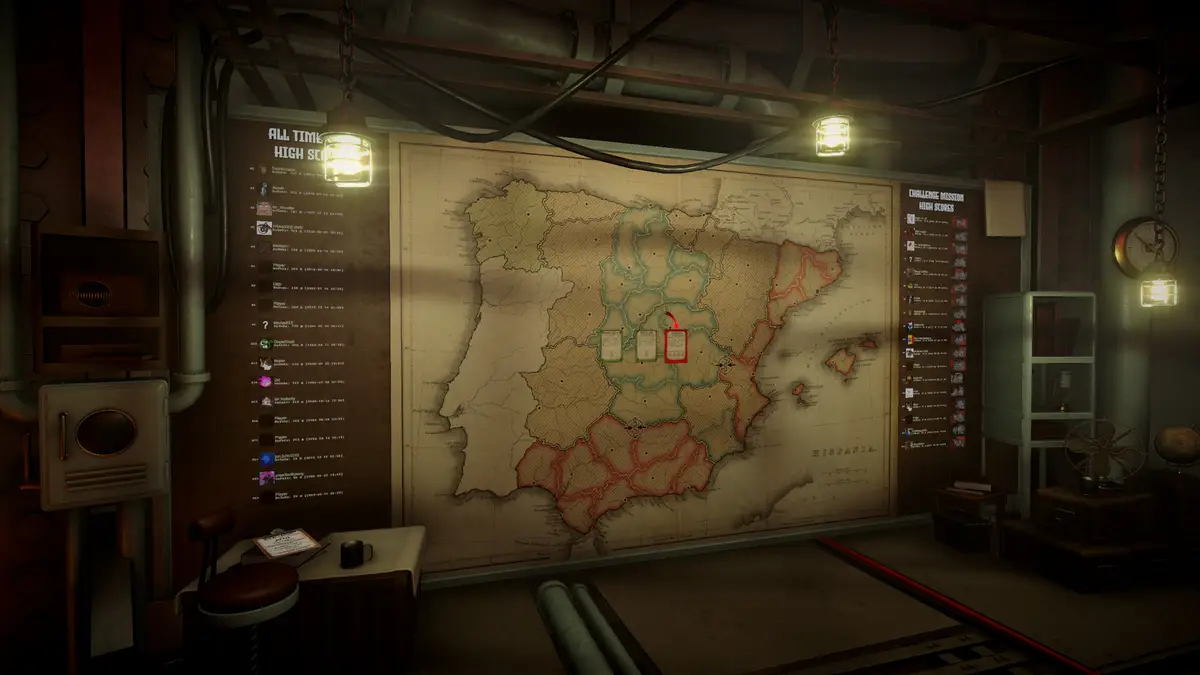 The IRON NEST briefing room wall: a large map of Spain marked with front lines and regional borders, flanked by mission boards and lit by hooded lamps.