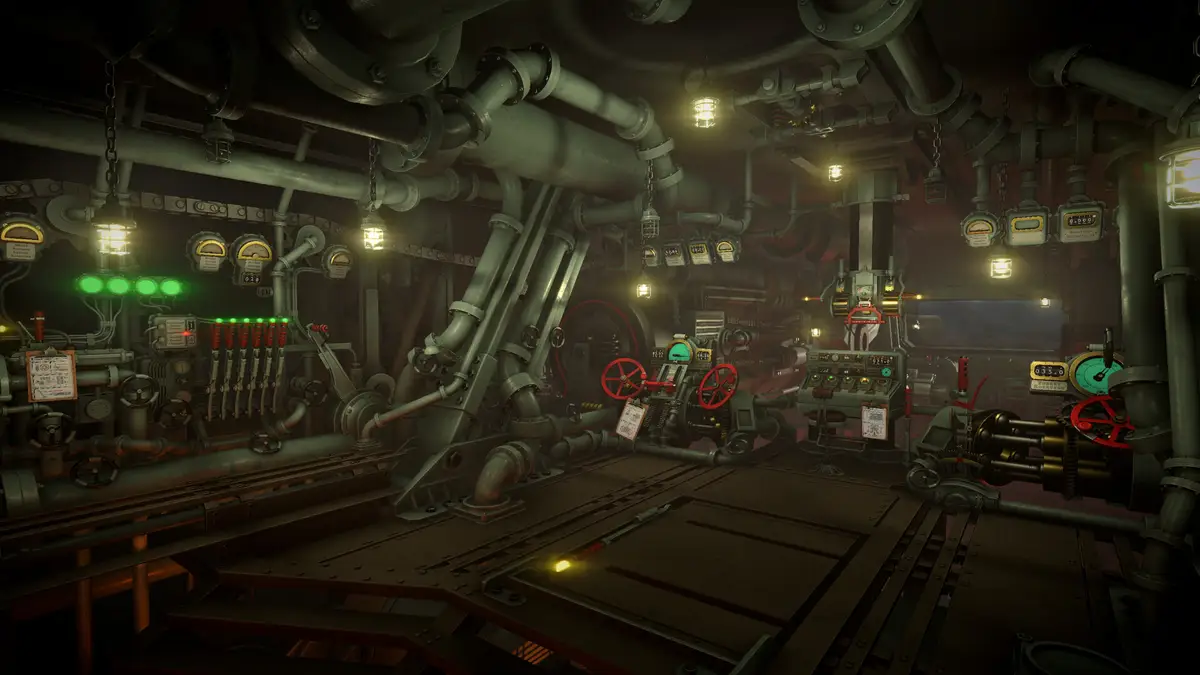 The IRON NEST instrument wall: rows of gauges, green indicator lamps, valve handles and hanging paper tags across a dimly lit dieselpunk control panel.