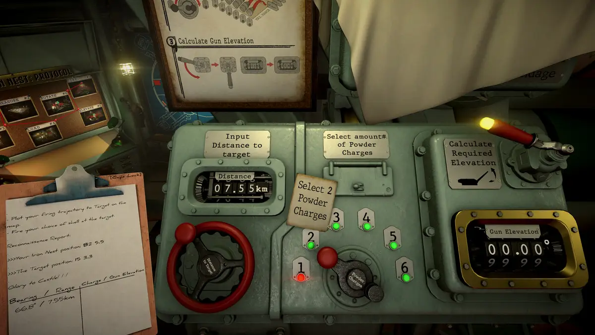 The in-game gun elevation device: a brass panel showing a target distance of 07.5 km, numbered powder charge selectors from 1 to 6, and a Calculate Required Elevation dial.