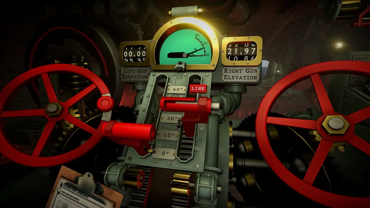The IRON NEST elevation station: two large red handwheels labelled Left Gun Elevation and Right Gun Elevation, with a lit gauge between them and degree markings at 40 and 30.
