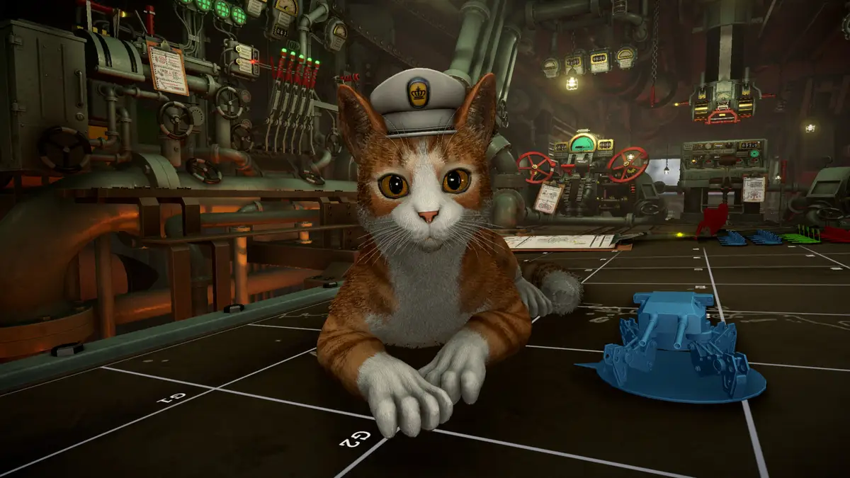 The IRON NEST cat wearing an officer's peaked cap, sitting on the plotting table beside a blue turret marker and the gridded map.