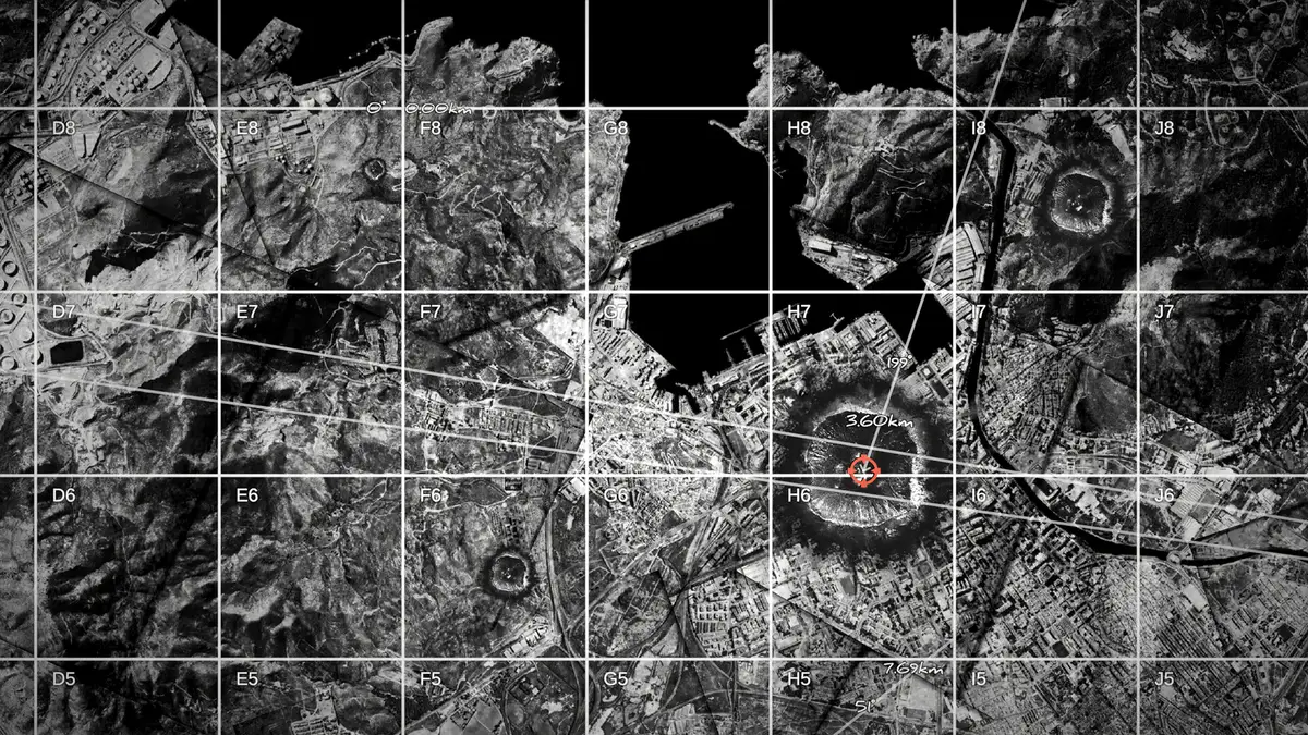 A black and white aerial reconnaissance photograph in IRON NEST, overlaid with a white measuring grid and small circular target markers along a coastline.