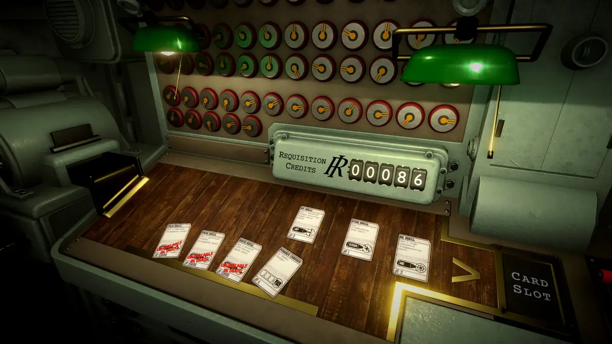 The IRON NEST Requisition Console: a wooden desk with punch cards laid out in slots, a mechanical credit counter reading IR00086, a green banker's lamp and a card slot on the right.