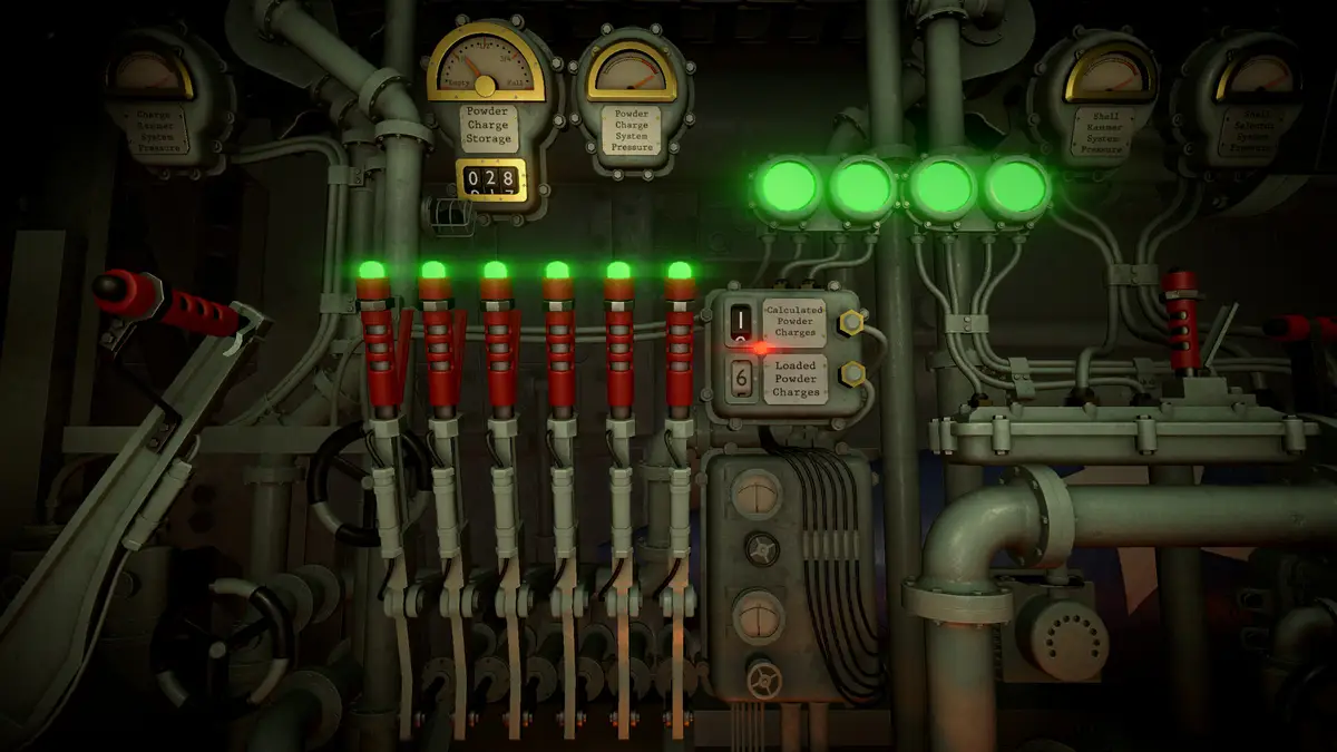 The IRON NEST ammunition rack: red shells loaded upright in the ready cylinder behind a bank of green indicator lamps, brass valves and pipework.