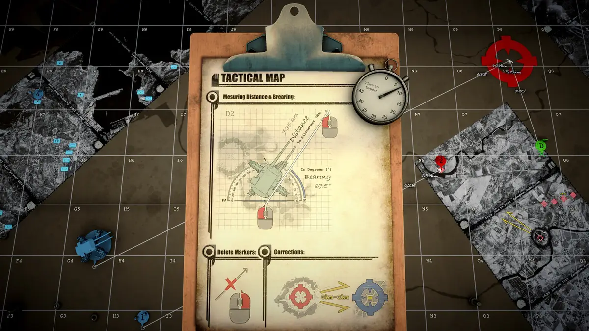 The IRON NEST plotting table: a gridded tactical map with coloured unit markers, a clipboard headed Tactical Map showing Measuring Distance and Bearing instructions, a stopwatch and reconnaissance photographs.