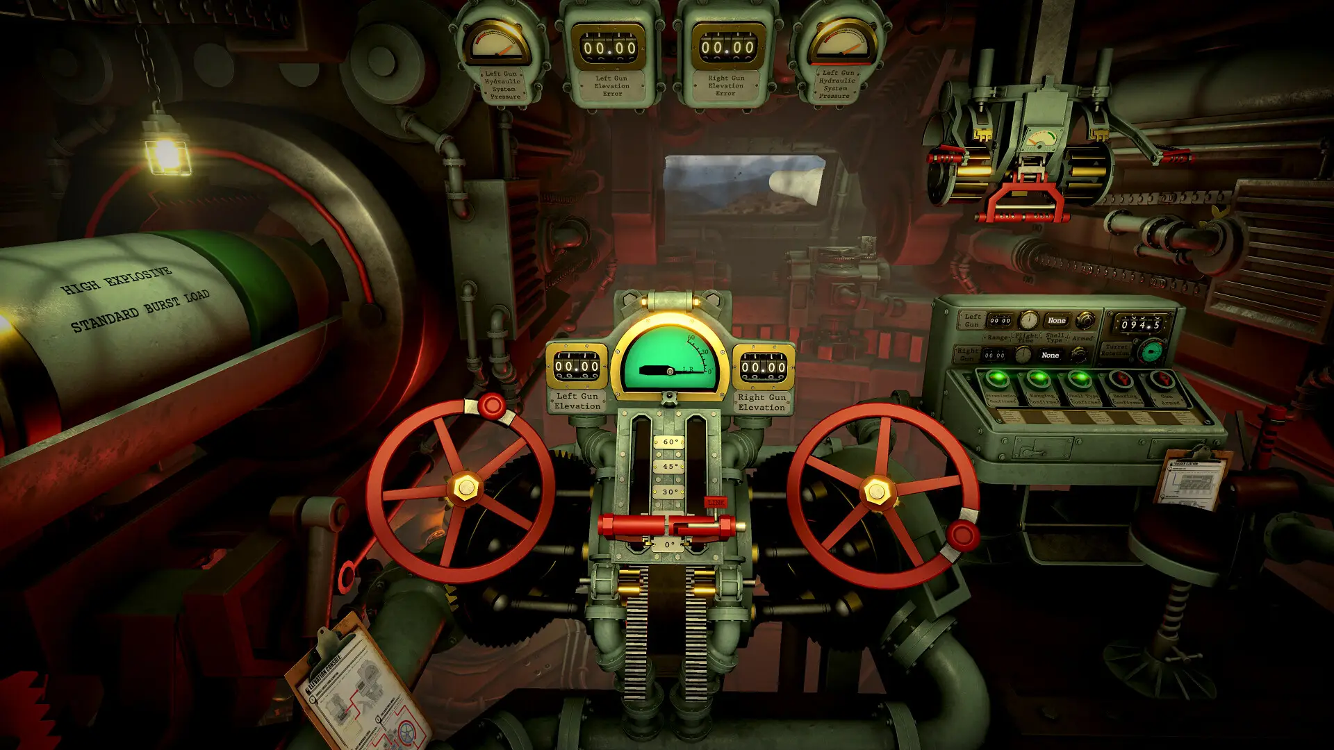 The IRON NEST operator's station: red-lit dieselpunk turret interior with brass traverse handwheels, elevation gauges and a cluttered instrument panel.