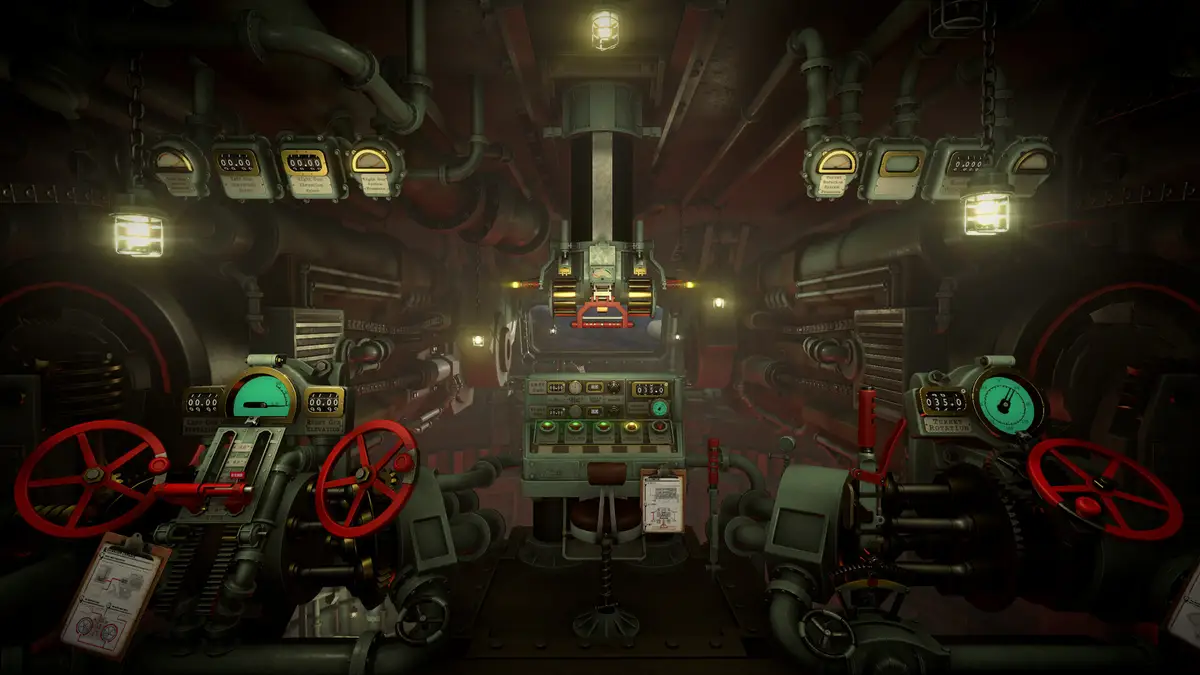 A wide view of the empty IRON NEST operator's station: traverse handwheels, gauges and paper tags across the dieselpunk turret interior.